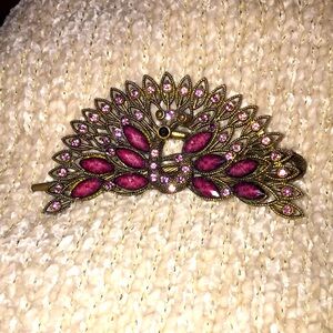 Vintage Bronze purple gem & Rhinestone Peacock Hair Clip